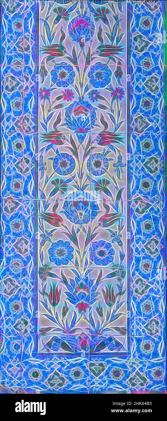 Inspiré par le panneau de carreaux, époque ottomane, 1281–1924, c.1560–80, fritté verni avec fond de verre et décoration peinte, fabriqué à Iznik, Marmara, Anatolie, Turquie, Asie, éléments architecturaux, céramique, 50 3/8 x 22 5/8 po. (128 x 57,5 cm, repensé par Artotop. L'art classique réinventé avec une touche moderne. Conception de lumière chaleureuse et gaie, de luminosité et de rayonnement de lumière. La photographie s'inspire du surréalisme et du futurisme, embrassant l'énergie dynamique de la technologie moderne, du mouvement, de la vitesse et révolutionne la culture Banque D'Images