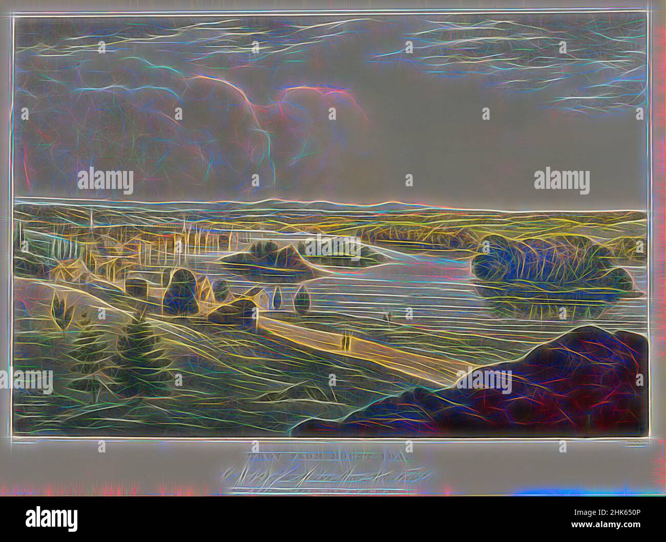 Inspiré par Troy du mont Ida, de « The Hudson River Portfolio », William Guy Wall, irlandais, 1792–après 1864, John Hill, Américain (né en Angleterre), 1770–1850, John Rubens Smith, américain, 1775–1849, 1821–22, imprimé entre 1822 et 29, aquatinte couleur main, gravure et gravure, Troy, New York, United, réimaginé par Artotop. L'art classique réinventé avec une touche moderne. Conception de lumière chaleureuse et gaie, de luminosité et de rayonnement de lumière. La photographie s'inspire du surréalisme et du futurisme, embrassant l'énergie dynamique de la technologie moderne, du mouvement, de la vitesse et révolutionne la culture Banque D'Images
