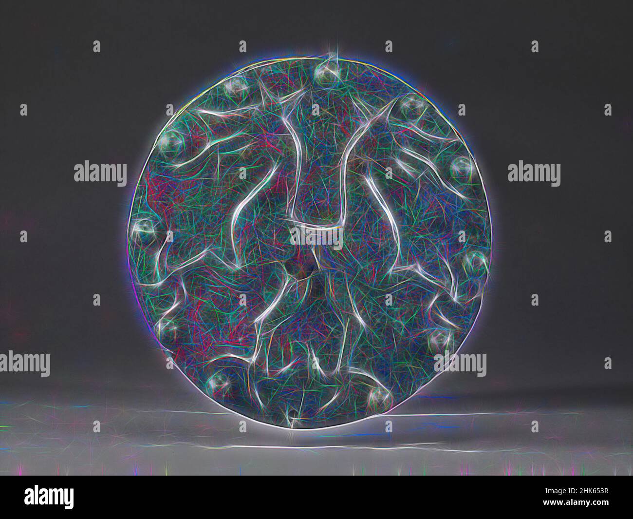 Inspiré par Disc for Armor, Chest or Back plate, italique, période d'orientalisation, environ 700–600 BC, 7th–début du 6th siècle BC, Bronze, Italie, Europe, Arms & Armor, métal, diamètre : 9 po. (22,9 cm, repensé par Artotop. L'art classique réinventé avec une touche moderne. Conception de lumière chaleureuse et gaie, de luminosité et de rayonnement de lumière. La photographie s'inspire du surréalisme et du futurisme, embrassant l'énergie dynamique de la technologie moderne, du mouvement, de la vitesse et révolutionne la culture Banque D'Images