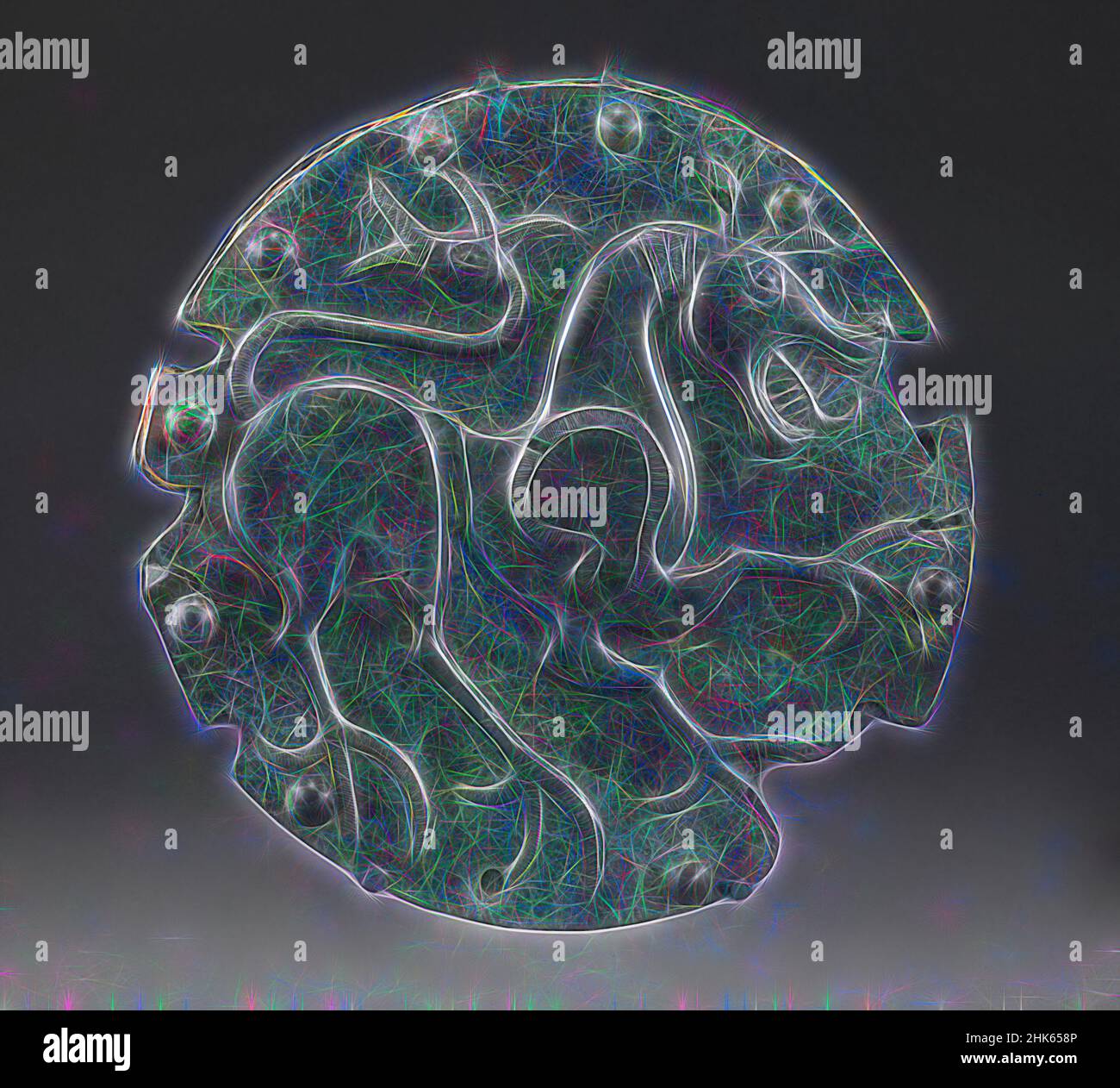 Inspiré par Disc for Armor, Chest or Back plate, italique, période d'orientalisation, environ 700–600 BC, 7th–début du 6th siècle BC, Bronze, Italie, Europe, Arms & Armor, métal, diamètre : 9 3/4 po. (24,8 cm, repensé par Artotop. L'art classique réinventé avec une touche moderne. Conception de lumière chaleureuse et gaie, de luminosité et de rayonnement de lumière. La photographie s'inspire du surréalisme et du futurisme, embrassant l'énergie dynamique de la technologie moderne, du mouvement, de la vitesse et révolutionne la culture Banque D'Images