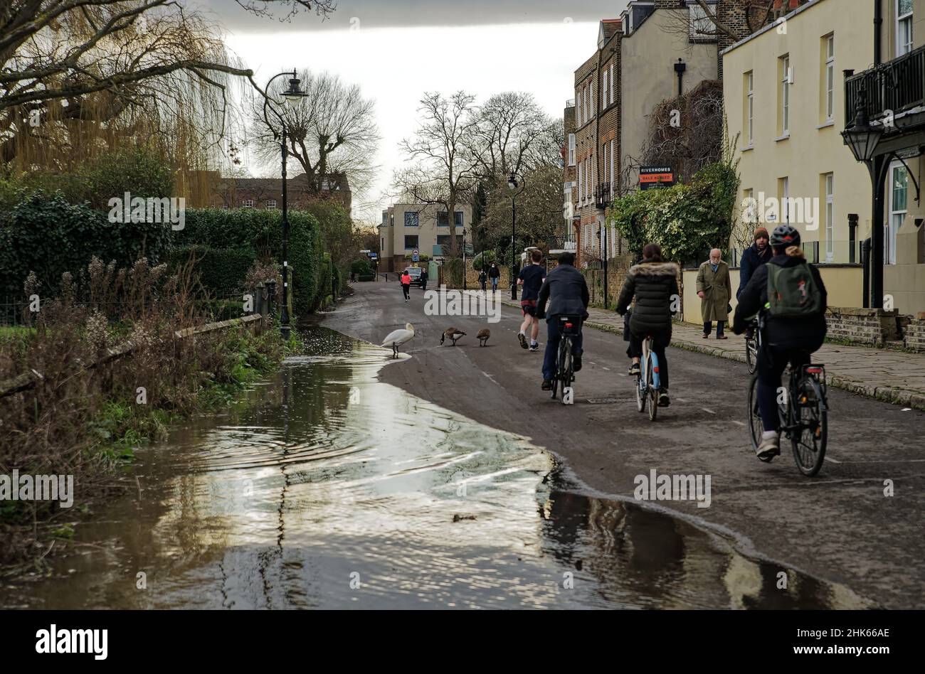 Londres, Royaume-Uni.2nd févr. 2022.High Tide au centre commercial Chiswick.Marée exceptionnellement haute de la Tamise à Chiswick Mall pendant que les universitaires et les ouvriers se réveillent.Crédit : Peter Hogan/Alay Live News Banque D'Images