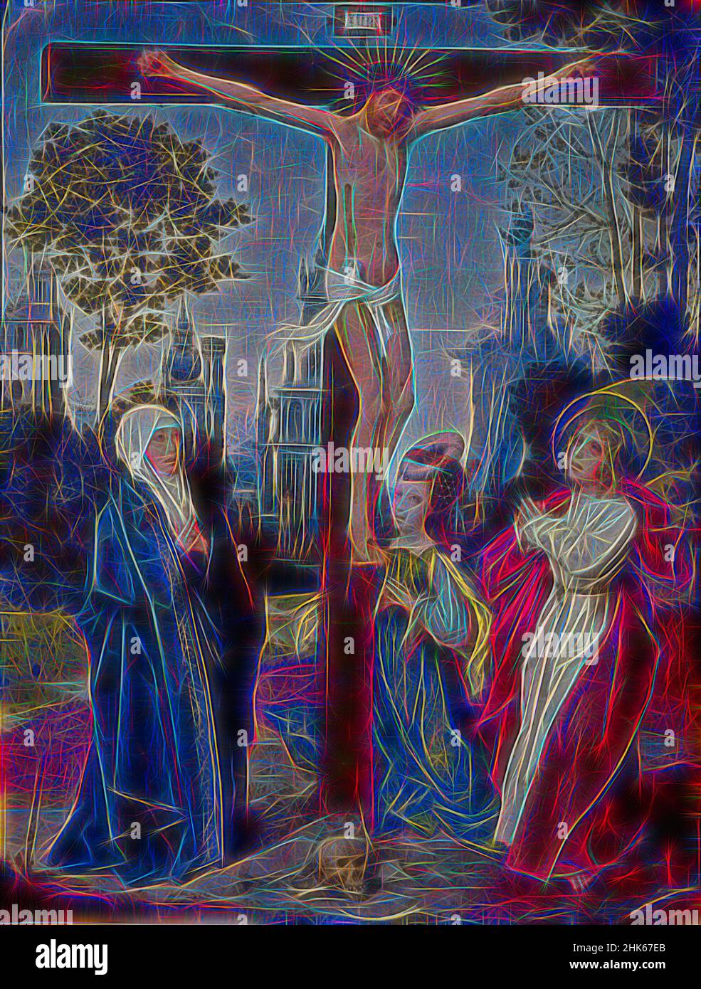 Inspiré par Crucifixion, Jan Provoost, Netherlandish du Sud, c.1465–1529, c.1510–15, Huile sur panneau, fabriquée en Belgique, Europe, peintures, 11 1/2 x 9 po. (29,2 x 22,9 cm, repensé par Artotop. L'art classique réinventé avec une touche moderne. Conception de lumière chaleureuse et gaie, de luminosité et de rayonnement de lumière. La photographie s'inspire du surréalisme et du futurisme, embrassant l'énergie dynamique de la technologie moderne, du mouvement, de la vitesse et révolutionne la culture Banque D'Images