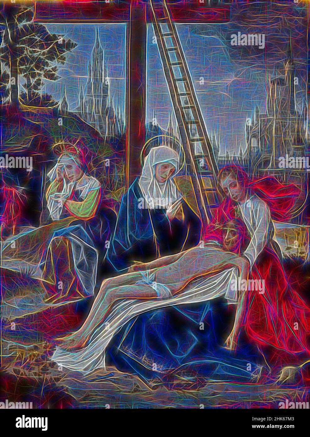 Inspiré par Lamentation, Jan Provoost, Netherlandish du Sud, c.1465–1529, c.1510–15, Huile sur panneau, fabriquée en Belgique, Europe, peintures, 11 1/2 x 9 po. (29,2 x 22,9 cm, repensé par Artotop. L'art classique réinventé avec une touche moderne. Conception de lumière chaleureuse et gaie, de luminosité et de rayonnement de lumière. La photographie s'inspire du surréalisme et du futurisme, embrassant l'énergie dynamique de la technologie moderne, du mouvement, de la vitesse et révolutionne la culture Banque D'Images