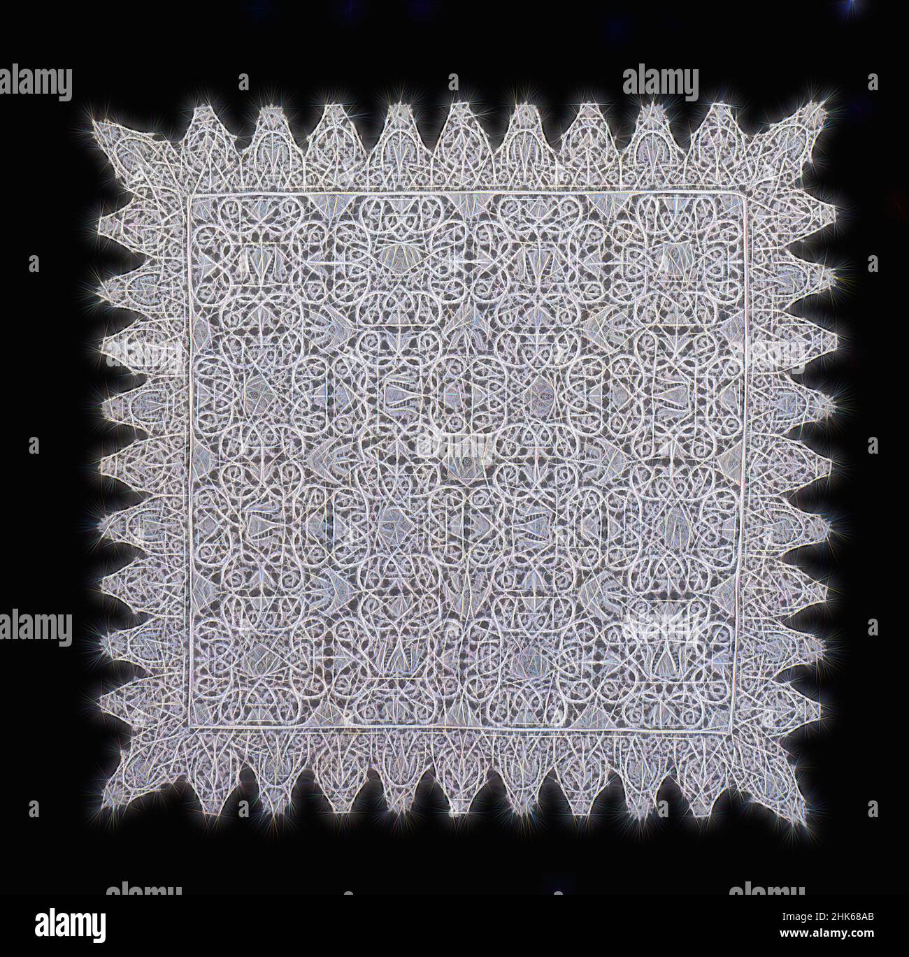 Inspiré par Chalice Veil, vénitien, 697–1797, 1620–40, lin, Dentelles à aiguilles, fabriquées à Venise, Vénétie, République de Venise (la Serenissima), Italie, Europe, revêtements et tentures, textiles, 24 x 24 7/16 po (61 x 62 cm, repensé par Artotop. L'art classique réinventé avec une touche moderne. Conception de lumière chaleureuse et gaie, de luminosité et de rayonnement de lumière. La photographie s'inspire du surréalisme et du futurisme, embrassant l'énergie dynamique de la technologie moderne, du mouvement, de la vitesse et révolutionne la culture Banque D'Images