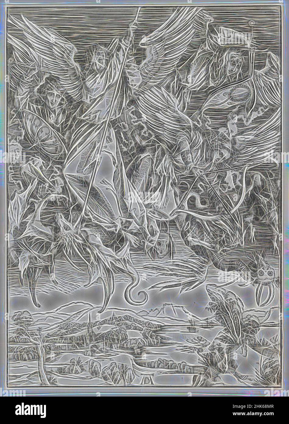 Inspiré par Saint-Michel Fighting the Dragon, de la série 'l'Apocalypse', Albrecht Dürer, allemand, 1471–1528, c.1497, Coupe de bois, fabriqué en Allemagne, Europe, tirages, image (irrégulière): 15 1/2 x 11 1/4 po. (39,4 x 28,6 cm, repensé par Artotop. L'art classique réinventé avec une touche moderne. Conception de lumière chaleureuse et gaie, de luminosité et de rayonnement de lumière. La photographie s'inspire du surréalisme et du futurisme, embrassant l'énergie dynamique de la technologie moderne, du mouvement, de la vitesse et révolutionne la culture Banque D'Images