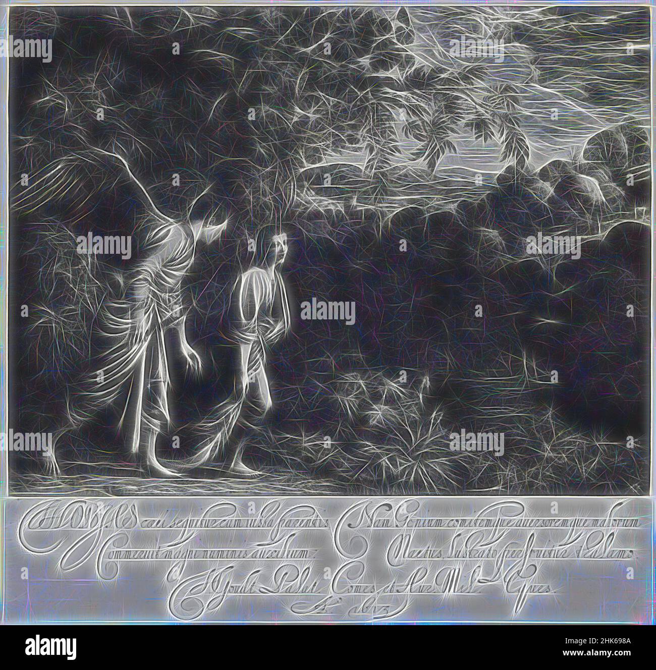 Inspiré par Tobias avec l'Ange, Adam Elsheimer, allemand, 1578–1610, Hendrick Goudt, Néerlandais, 1583–1648, 1613, gravure, fabriqué à Utrecht, Province d'Utrecht, pays-Bas, Europe, estampes, assiette: 9 5/8 x 10 1/8 po. (24,5 x 25,7 cm, repensé par Artotop. L'art classique réinventé avec une touche moderne. Conception de lumière chaleureuse et gaie, de luminosité et de rayonnement de lumière. La photographie s'inspire du surréalisme et du futurisme, embrassant l'énergie dynamique de la technologie moderne, du mouvement, de la vitesse et révolutionne la culture Banque D'Images