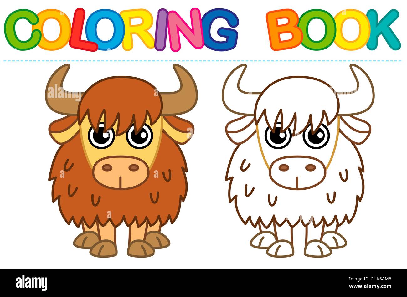 Page de coloriage rigolo yak souriant. Livre de coloriage vectoriel