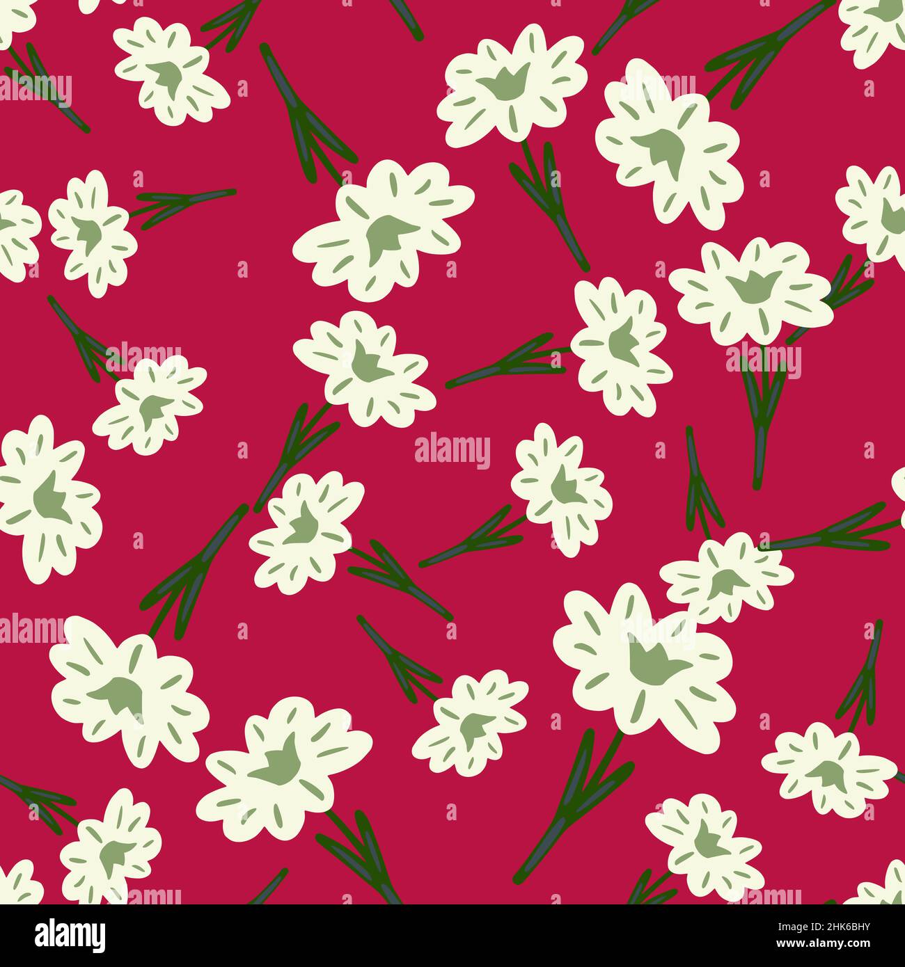 Motif sans couture avec fleurs sauvages dessinant à la main sur fond rouge.Modèle à motif fleuri vectoriel en forme de caniche.Texture botanique d'été douce pour le tissu, Illustration de Vecteur