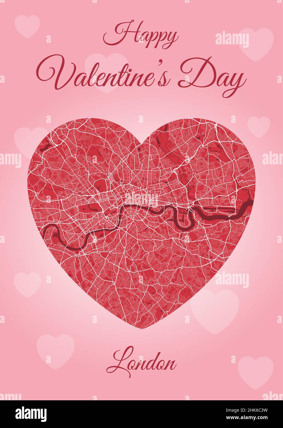 Carte de Saint-Valentin avec carte de Londres en forme de coeur.Illustration verticale A4 de vecteur de couleur rose et rouge.J'adore le paysage urbain. Illustration de Vecteur