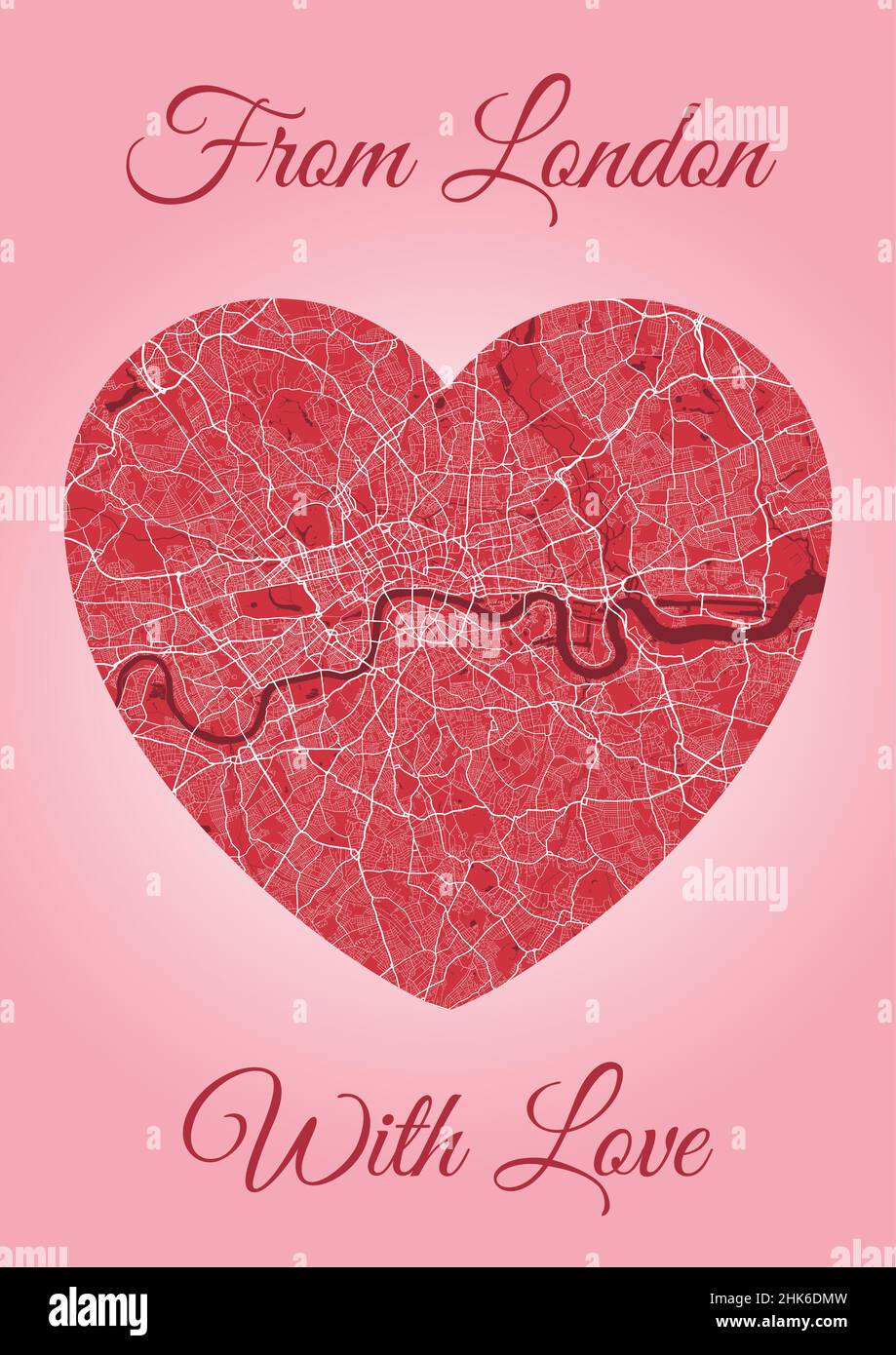 De Londres avec carte d'amour, carte de la ville en forme de coeur.Illustration verticale A4 de vecteur de couleur rose et rouge.J'adore le paysage urbain. Illustration de Vecteur
