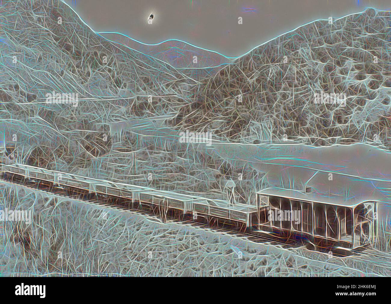 Inspiré par Patent Ballast train - Otago Central, Burton Brothers studio, studio de photographie, vers 1880, Dunedin, Photographie, revisitée par Artotop. L'art classique réinventé avec une touche moderne. Conception de lumière chaleureuse et gaie, de luminosité et de rayonnement de lumière. La photographie s'inspire du surréalisme et du futurisme, embrassant l'énergie dynamique de la technologie moderne, du mouvement, de la vitesse et révolutionne la culture Banque D'Images