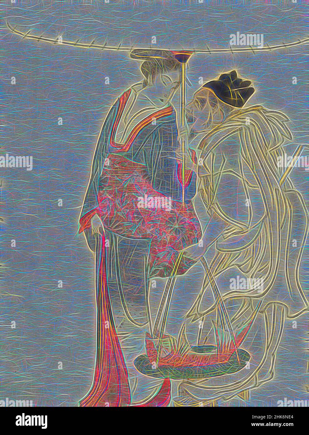 Inspiré par Ebisu et Benten marchant dans la neige, Utagawa Toyohiro, artiste, 1810-1820, Tokyo, L'imprimé boisés japonais est un bon exemple d'imprimés en suribono, en édition limitée, commandés par des particuliers qui sont finement fabriqués, plus petits qu'un ōban, ils combinent souvent le verset et l'image dans, réimaginé par Artotop. L'art classique réinventé avec une touche moderne. Conception de lumière chaleureuse et gaie, de luminosité et de rayonnement de lumière. La photographie s'inspire du surréalisme et du futurisme, embrassant l'énergie dynamique de la technologie moderne, du mouvement, de la vitesse et révolutionne la culture Banque D'Images
