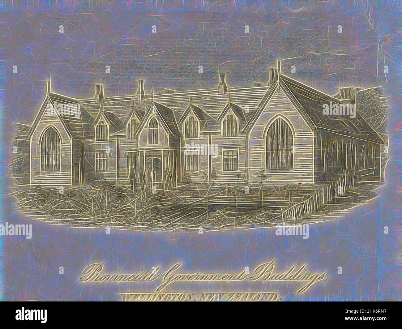 Inspiré par les édifices du gouvernement provincial, Wellington. Nouvelle-Zélande, Inconnu, graveur (printmaker), 1870s ?, gravure au trait, Repensé par Artotop. L'art classique réinventé avec une touche moderne. Conception de lumière chaleureuse et gaie, de luminosité et de rayonnement de lumière. La photographie s'inspire du surréalisme et du futurisme, embrassant l'énergie dynamique de la technologie moderne, du mouvement, de la vitesse et révolutionne la culture Banque D'Images