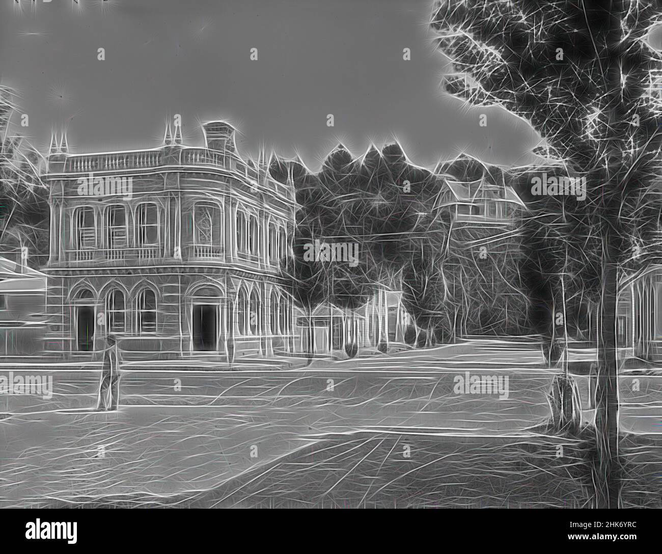 Inspiré par [Street Scene, Napier], studio Burton Brothers, studio de photographie, Dunedin, Photographie en noir et blanc, revisitée par Artotop. L'art classique réinventé avec une touche moderne. Conception de lumière chaleureuse et gaie, de luminosité et de rayonnement de lumière. La photographie s'inspire du surréalisme et du futurisme, embrassant l'énergie dynamique de la technologie moderne, du mouvement, de la vitesse et révolutionne la culture Banque D'Images