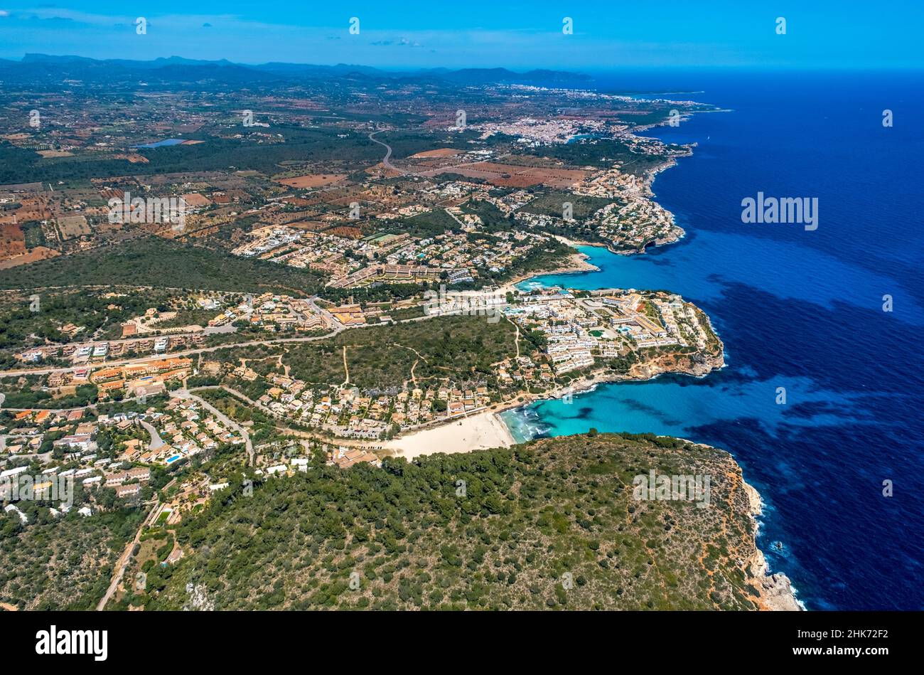 Vue aérienne, baie de Cala Estany d'en Mas, plage de Cala Mandia, plage de Cala Anguila, Manacor, Majorque,Europe, Iles Baléares, Espagne, Iles Baléares, env Banque D'Images