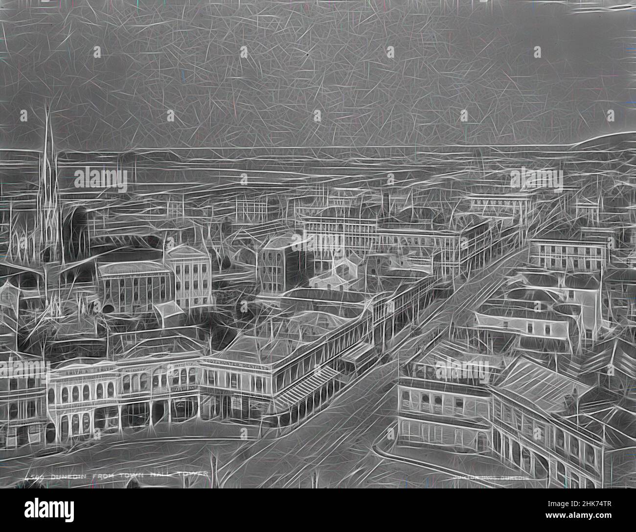 Inspiré par Dunedin de la tour de l'hôtel de ville, studio Burton Brothers, studio de photographie, fin 1880s, Dunedin, Photographie en noir et blanc, à l'extrémité sud de l'Octagon, avec Princes Street. Bâtiment du centre d'images Numéro quarante et un Burton Brothers Photographers. Angle Octagon et Princes Street McGregor, repensé par Artotop. L'art classique réinventé avec une touche moderne. Conception de lumière chaleureuse et gaie, de luminosité et de rayonnement de lumière. La photographie s'inspire du surréalisme et du futurisme, embrassant l'énergie dynamique de la technologie moderne, du mouvement, de la vitesse et révolutionne la culture Banque D'Images