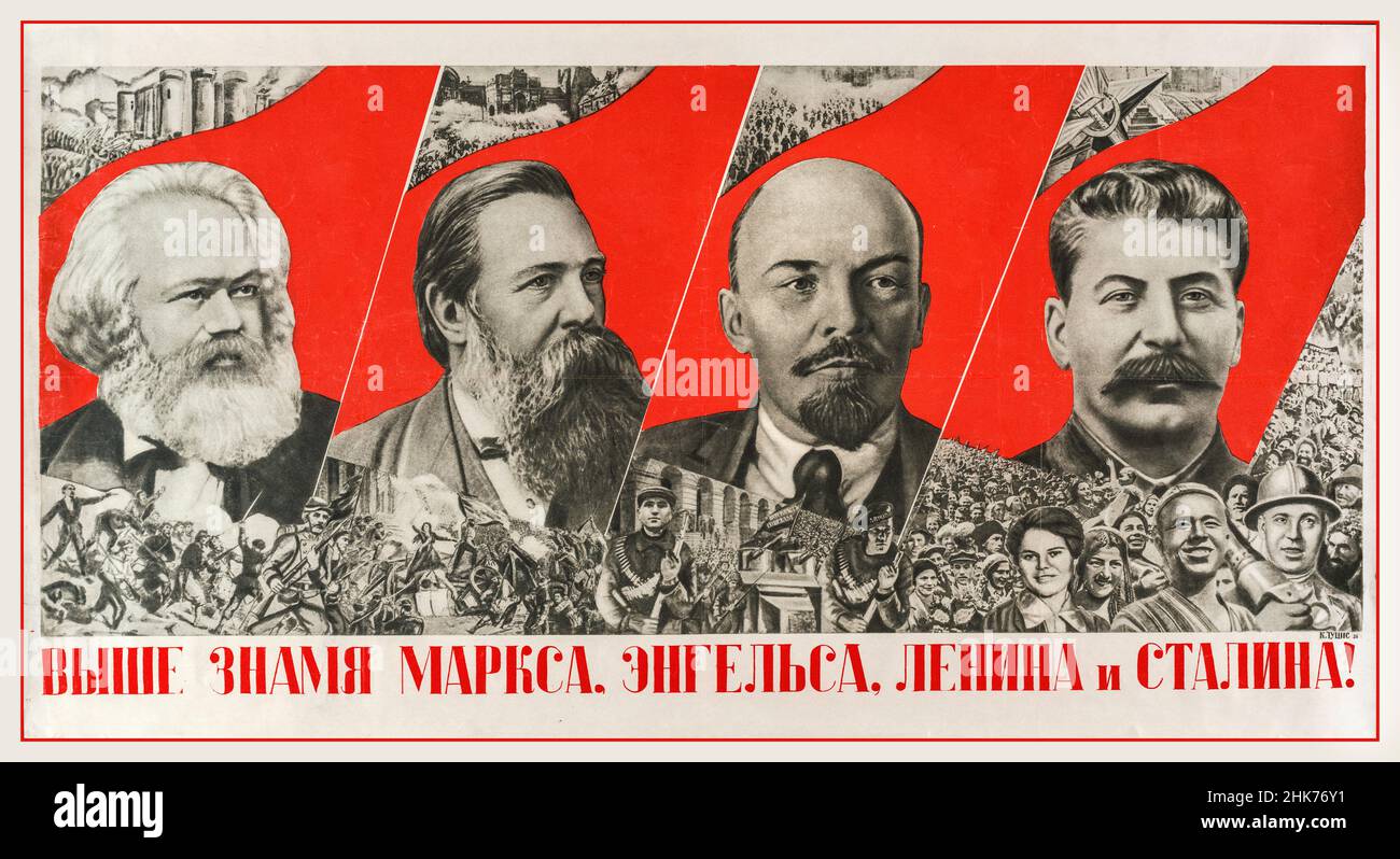 Affiche de propagande russe soviétique par Gustav Klutsis Lettonie 'levez haut la bannière de Marx Engels Lénine & Staline' 1933 URSS Banque D'Images