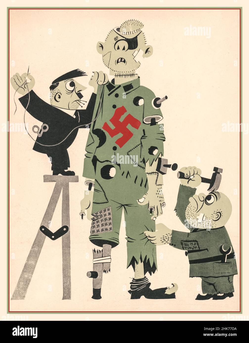 Propagande deuxième Guerre mondiale caricature de dessin animé Adolf Hitler et Mussolini faire une marionnette l'affiche montre une caricature d'Hitler et de Mussolini taquant ensemble une marionnette brisée représentant l'axe ; la marionnette a une grande croix rouge sur sa poitrine. Banque D'Images