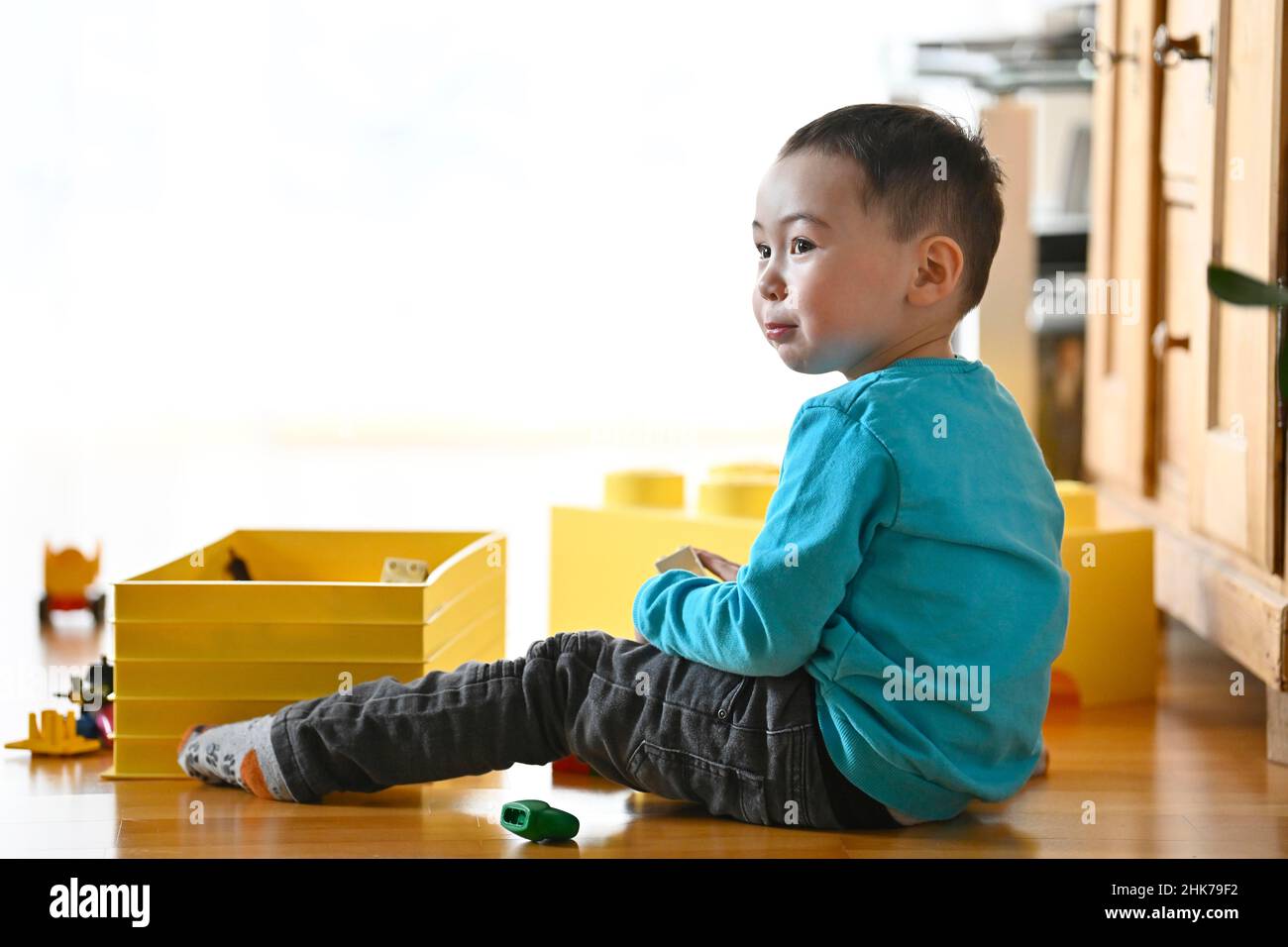 Garçon, 19 mois, multi-ethnique, joue sur parquet, Bade-Wurtemberg, Allemagne Banque D'Images