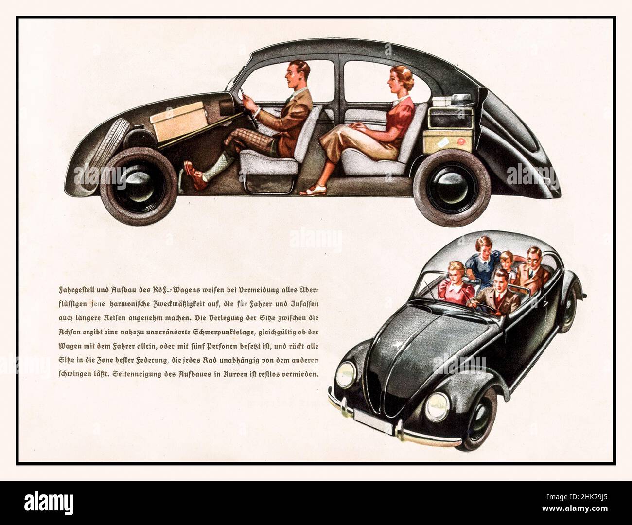 KDF Wagen années 1930 Volkswagen VW publicité KDF Wagen illustration de la brochure de la première Volkswagen / Beetle, 1938/39. Conception : Ferdinand Porsche. Nazi Adolf Hitler peuples illustrant la voiture d'un style de vie idéaliste sous le régime nazi Banque D'Images