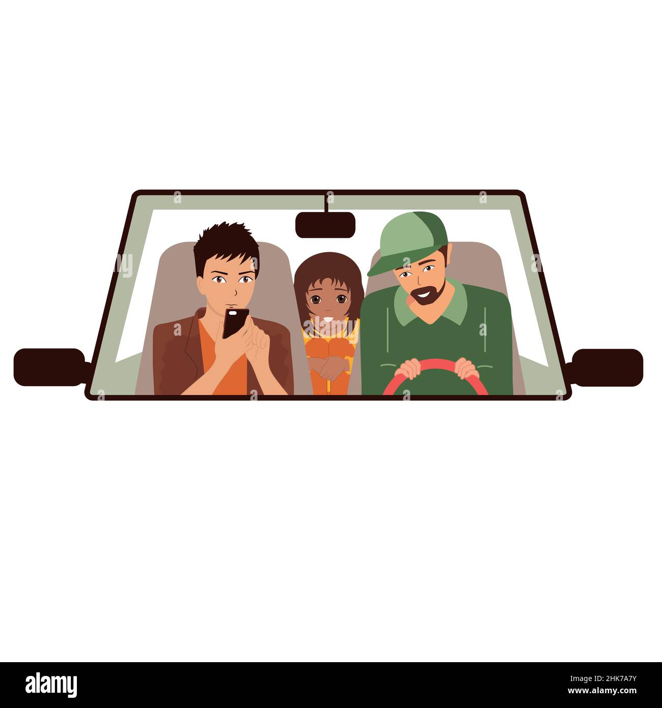 Voyage, voyage dans la voiture.Deux hommes gais et une fille heureuse.Bonne famille.Vector plat, blanc Illustration de Vecteur