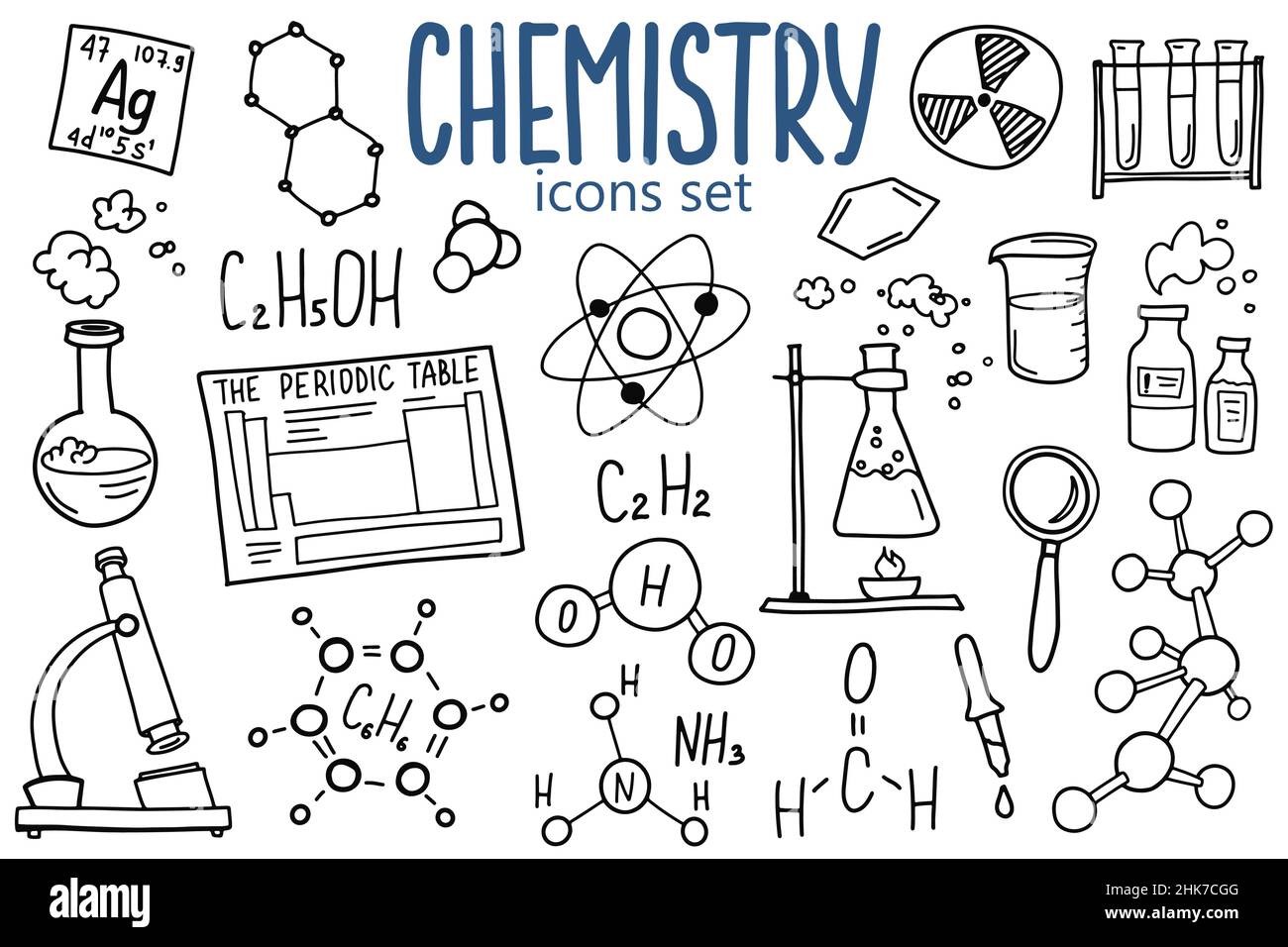 Ensemble d'icônes de symboles chimiques.Motif science-doodle.Concept d'éducation et d'étude.De retour à l'école un arrière-plan esquisse pour le bloc-notes, pas le bloc-notes Illustration de Vecteur