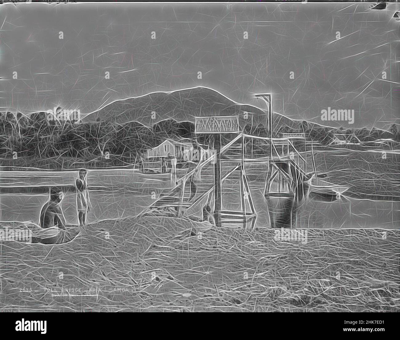 Inspiré par Toll Bridge, Apia, Samoa, Burton Brothers studio, studio de photographie, 21 juillet 1884, Nouvelle-Zélande, photographie en noir et blanc, pont en bois sur une petite rivière. Un homme de Samoan se tient sur la rampe du pont, un autre à gauche sur la banque et un autre à gauche. En arrière-plan est un colonial, réimaginé par Artotop. L'art classique réinventé avec une touche moderne. Conception de lumière chaleureuse et gaie, de luminosité et de rayonnement de lumière. La photographie s'inspire du surréalisme et du futurisme, embrassant l'énergie dynamique de la technologie moderne, du mouvement, de la vitesse et révolutionne la culture Banque D'Images