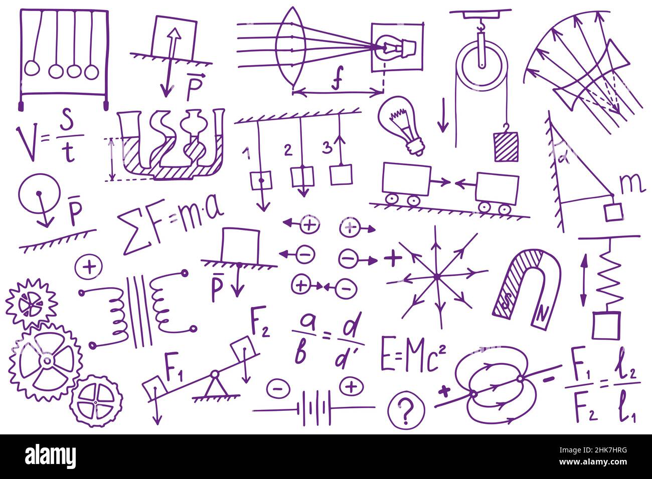 Jeu d'icônes de symboles Phisics.Motif science-doodle.Concept d'éducation et d'étude.De retour à l'école un arrière-plan esquisse pour le bloc-notes, pas le bloc-notes Illustration de Vecteur