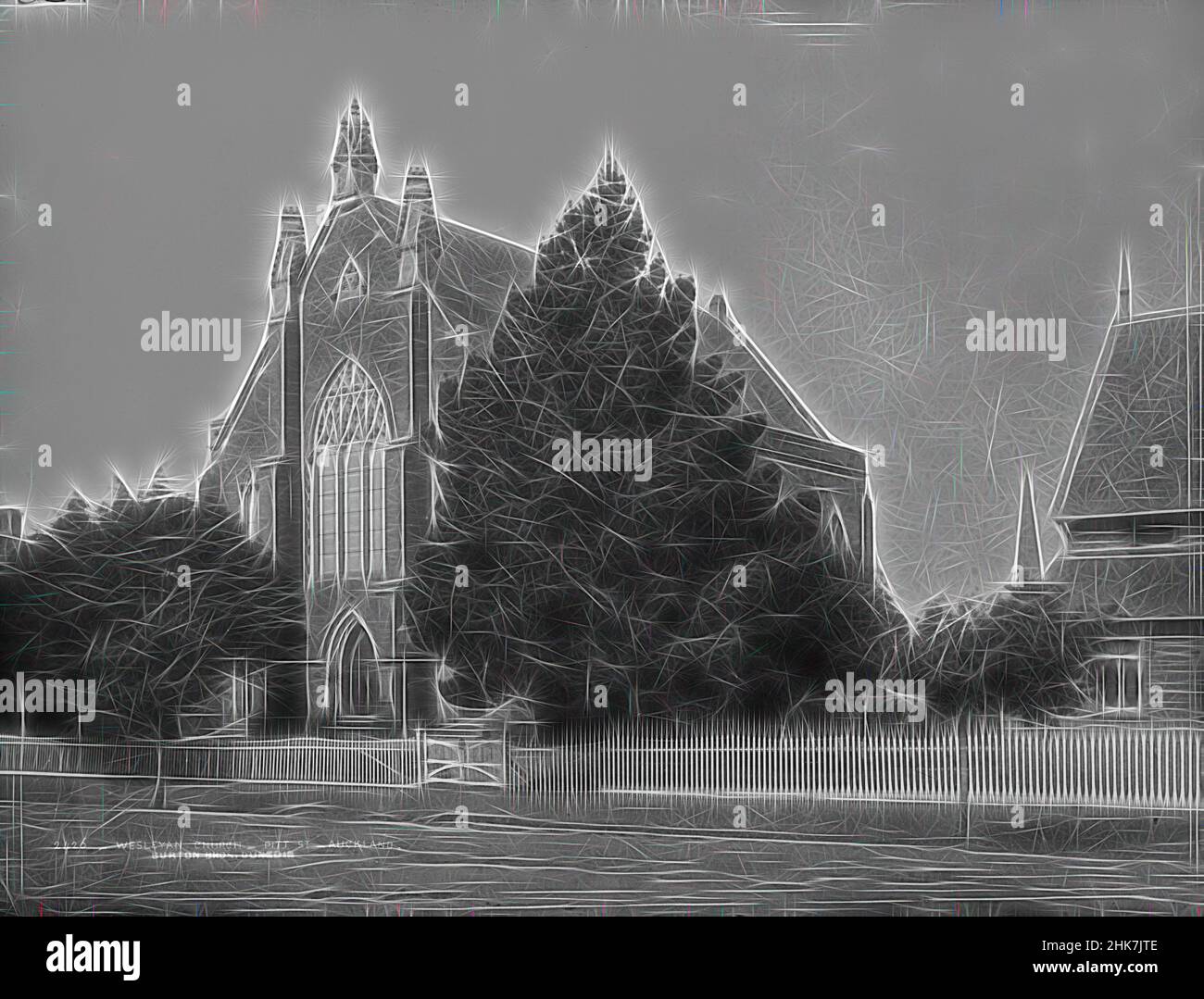 Inspiré par Wesleyan Church, Pitt Street, Auckland, Burton Brothers studio, studio de photographie, Dunedin, processus de la plaque sèche en gélatine, repensé par Artotop. L'art classique réinventé avec une touche moderne. Conception de lumière chaleureuse et gaie, de luminosité et de rayonnement de lumière. La photographie s'inspire du surréalisme et du futurisme, embrassant l'énergie dynamique de la technologie moderne, du mouvement, de la vitesse et révolutionne la culture Banque D'Images
