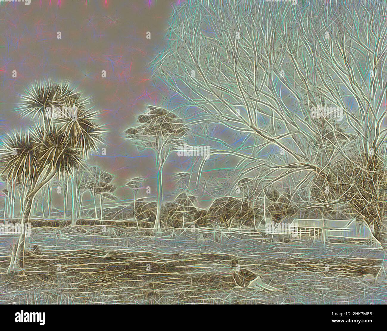 Inspiré par German Bay - Akaroa, studio Burton Brothers, vers 1886, Akaroa, repensé par Artotop. L'art classique réinventé avec une touche moderne. Conception de lumière chaleureuse et gaie, de luminosité et de rayonnement de lumière. La photographie s'inspire du surréalisme et du futurisme, embrassant l'énergie dynamique de la technologie moderne, du mouvement, de la vitesse et révolutionne la culture Banque D'Images