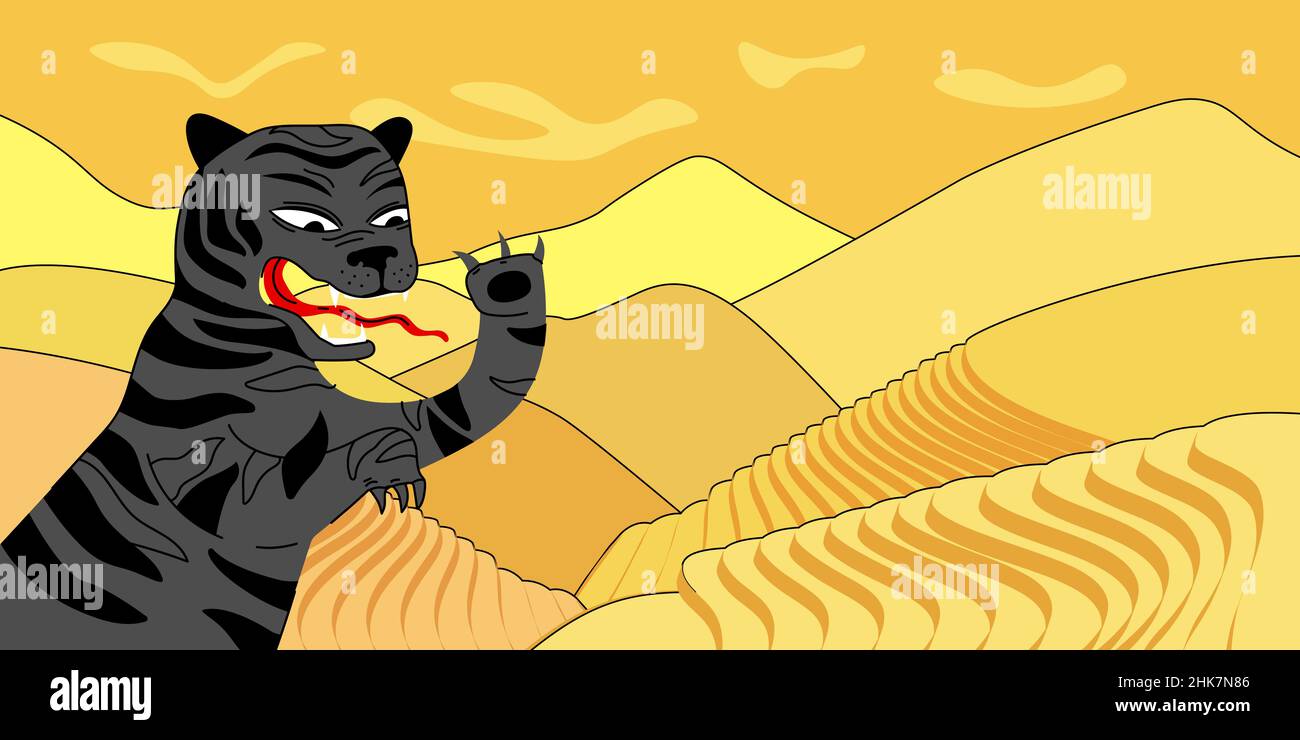 Nouvelle année chinoise de l'affiche de tigre d'eau noir.Carte de vœux avec symbole chinois traditionnel astrologie annuelle.Bannière dessinée à la main au calendrier de l'est 2022.Dessin de vecteur abstrait folklorique de champs asiatiques Illustration de Vecteur