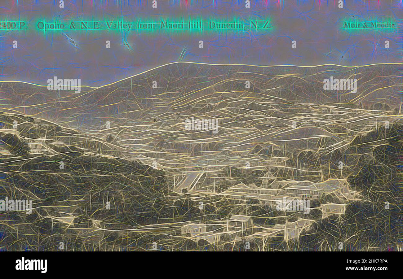 Inspiré par Opoho et la vallée du Nord-est de Maori Hill, Dunedin, Nouvelle-Zélande, studio Muir & Moodie, 1904-1915, Dunedin, repensé par Artotop. L'art classique réinventé avec une touche moderne. Conception de lumière chaleureuse et gaie, de luminosité et de rayonnement de lumière. La photographie s'inspire du surréalisme et du futurisme, embrassant l'énergie dynamique de la technologie moderne, du mouvement, de la vitesse et révolutionne la culture Banque D'Images