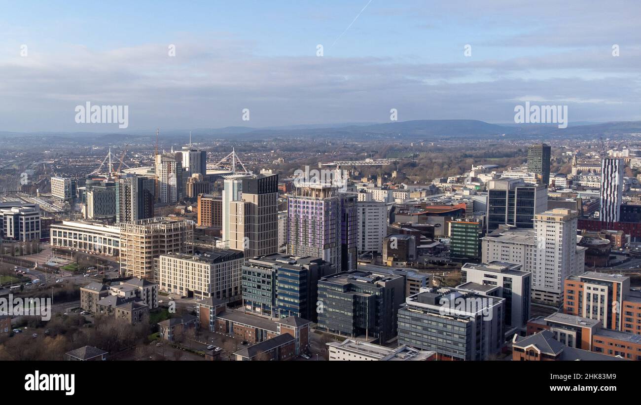 Vue aérienne du centre-ville de Cardiff. Banque D'Images