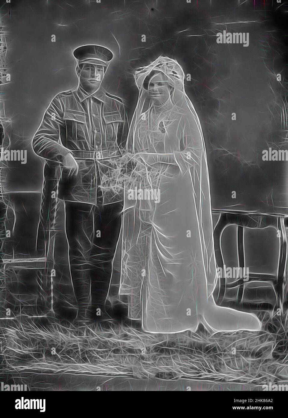 Inspiré du portrait de mariage du soldat Cecil Charles Baker et de Hannah Irene Baker, Berry & Co, studio de photographie, 22 juillet 1915, Wellington, Cecil Charles Baker, numéro de service 6/2532, réimaginé par Artotop. L'art classique réinventé avec une touche moderne. Conception de lumière chaleureuse et gaie, de luminosité et de rayonnement de lumière. La photographie s'inspire du surréalisme et du futurisme, embrassant l'énergie dynamique de la technologie moderne, du mouvement, de la vitesse et révolutionne la culture Banque D'Images