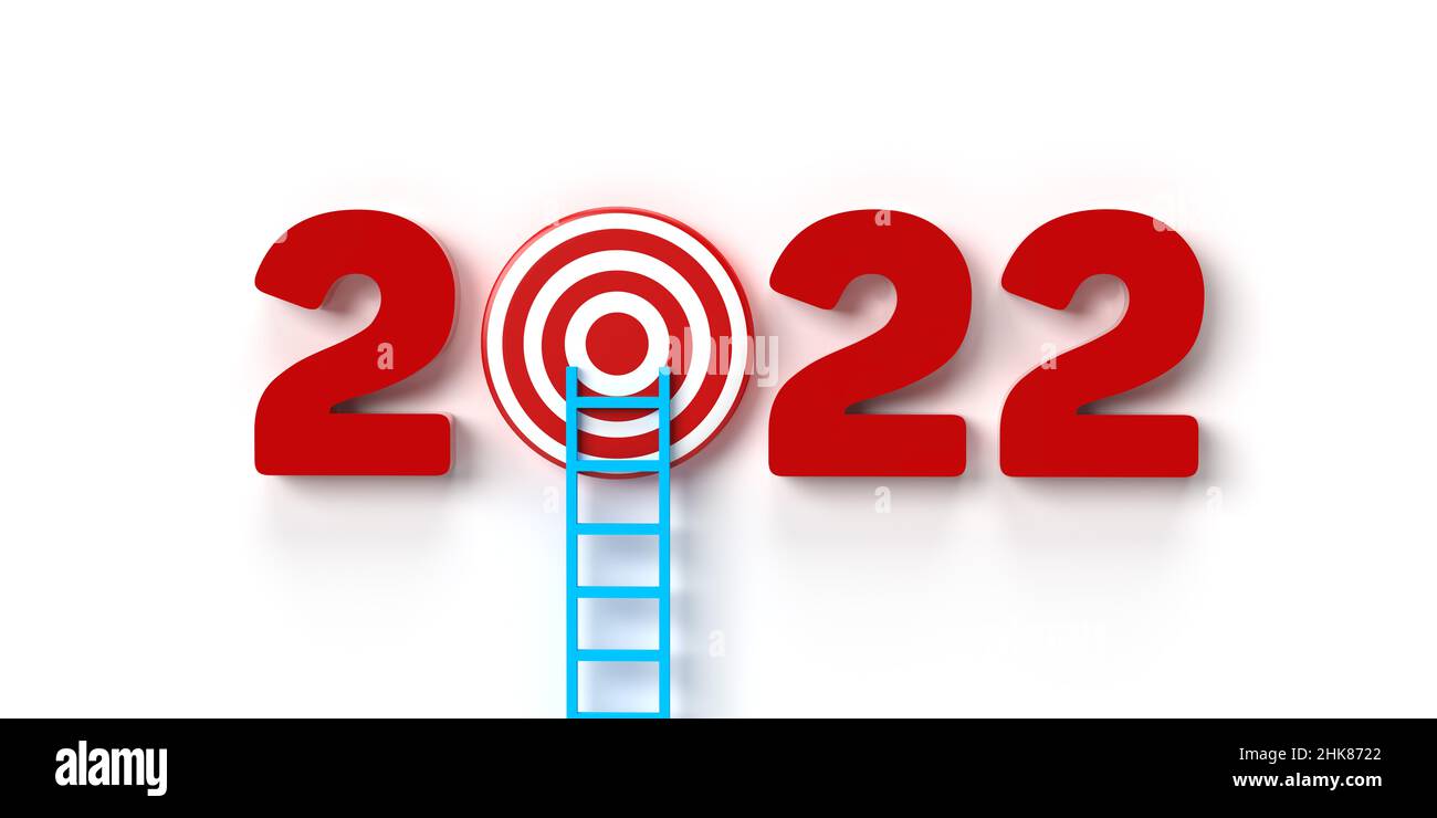 2022 échelle sur le concept cible: Les nombres rouges du calendrier nouvelle année en 3D rendu sur fond blanc.La lettre zéro est un tableau de fléchettes rond Banque D'Images