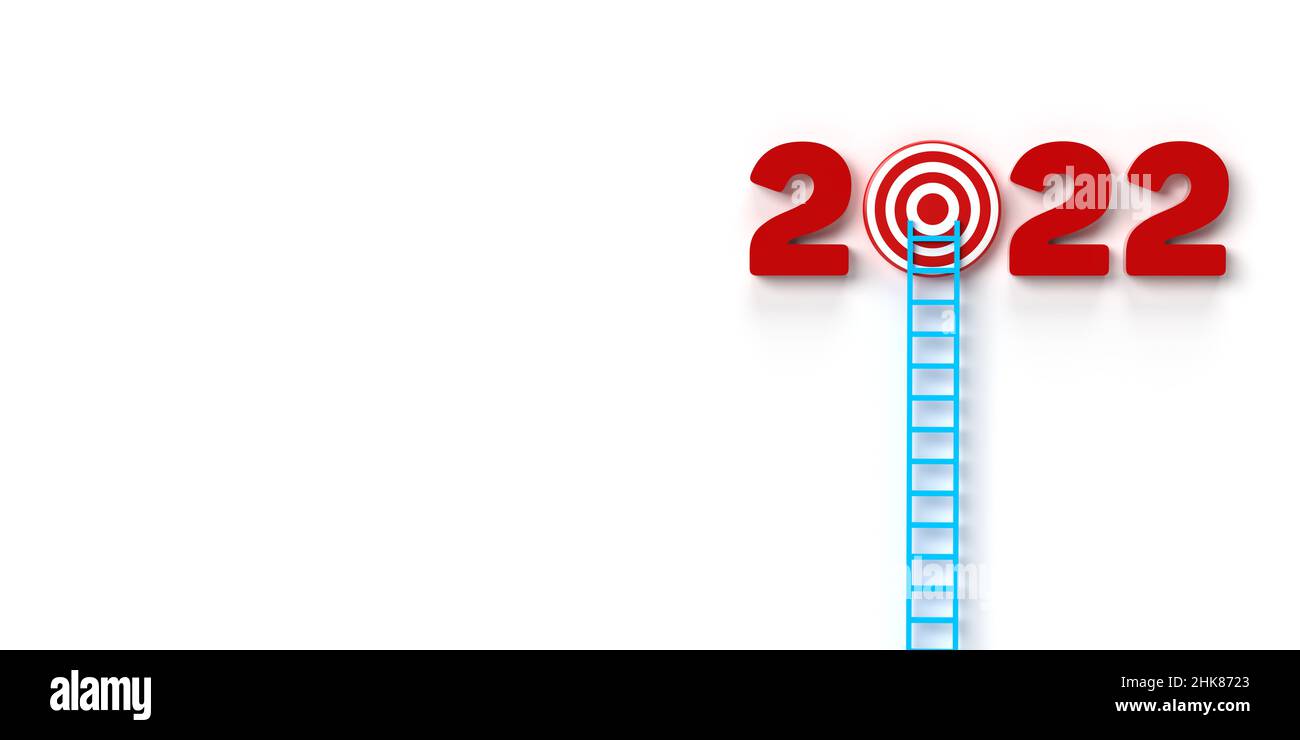 2022 échelle sur le concept cible: Les nombres rouges du calendrier nouvelle année en 3D rendu sur fond blanc.La lettre zéro est un tableau de fléchettes rond Banque D'Images