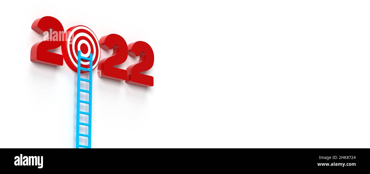 2022 échelle sur le concept cible: Les nombres rouges du calendrier nouvelle année en 3D rendu sur fond blanc.La lettre zéro est un tableau de fléchettes rond Banque D'Images