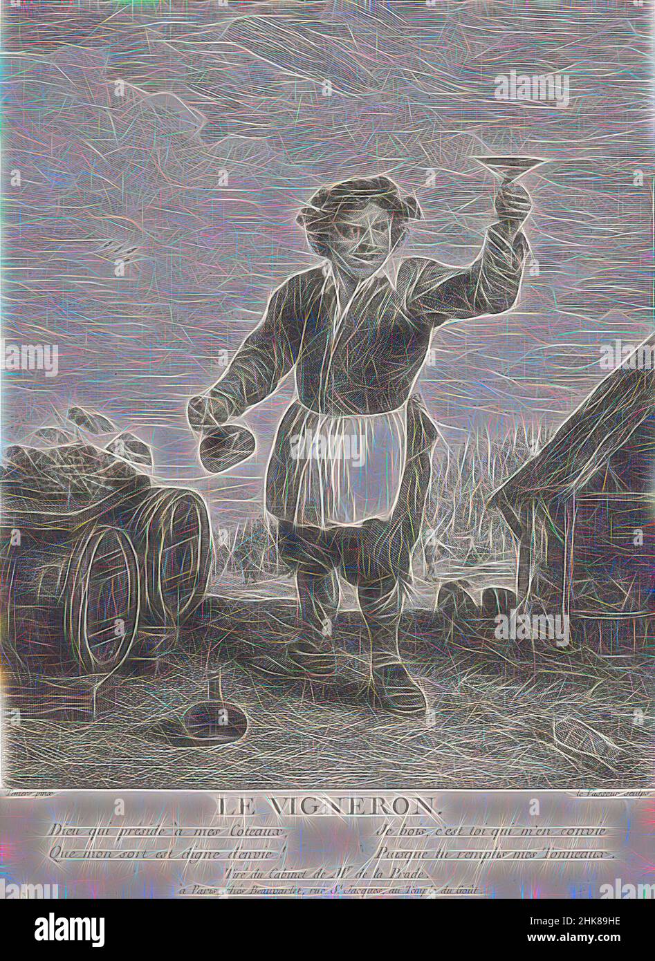 Inspiré par le Vigneron (vigneron), Jean-Charles Levasseur, graveur, 1749-1797, France, Gravure, cette gravure est d'après une peinture de l'artiste flamand David Teniers le plus jeune (1610-90), puis dans l'impressionnante collection de Gilbert-Antoine Ligier de la Prade, à Paris, réinventée par Artotop. L'art classique réinventé avec une touche moderne. Conception de lumière chaleureuse et gaie, de luminosité et de rayonnement de lumière. La photographie s'inspire du surréalisme et du futurisme, embrassant l'énergie dynamique de la technologie moderne, du mouvement, de la vitesse et révolutionne la culture Banque D'Images