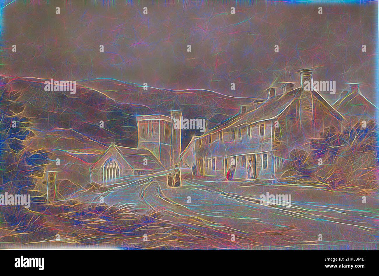 Inspiré par le paysage avec chalet et église, Conrad Martens, 1831, réimaginé par Artotop. L'art classique réinventé avec une touche moderne. Conception de lumière chaleureuse et gaie, de luminosité et de rayonnement de lumière. La photographie s'inspire du surréalisme et du futurisme, embrassant l'énergie dynamique de la technologie moderne, du mouvement, de la vitesse et révolutionne la culture Banque D'Images