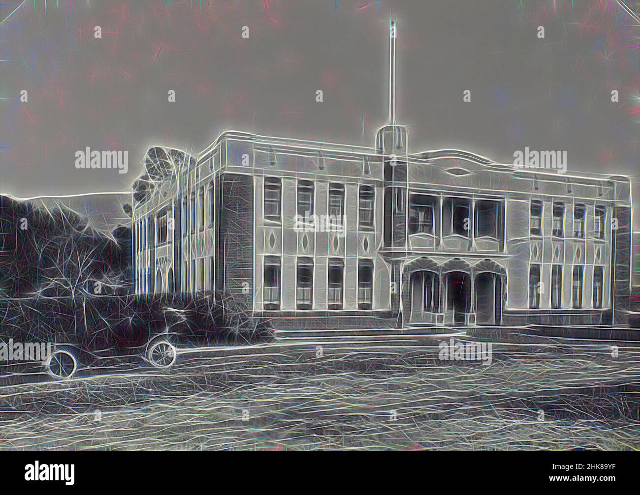 Inspiré par John McGlashan Hall, Dunedin, Burton Brothers studio, Dunedin, repensé par Artotop. L'art classique réinventé avec une touche moderne. Conception de lumière chaleureuse et gaie, de luminosité et de rayonnement de lumière. La photographie s'inspire du surréalisme et du futurisme, embrassant l'énergie dynamique de la technologie moderne, du mouvement, de la vitesse et révolutionne la culture Banque D'Images