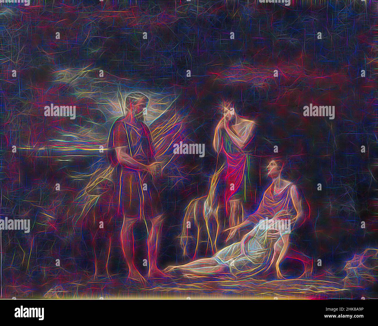 Inspiré par Imogen trouvé dans la grotte de Belarius, George Dawe, artiste, 1808, la période entre les années de William Hogarth (1697–1764) et George Dawe (1781–1829) ont été actifs a été appelé le «phénomène de la mort», au cours de laquelle le dramaturge a triomphé de ses pairs comme grand national, réimaginé par Artotop. L'art classique réinventé avec une touche moderne. Conception de lumière chaleureuse et gaie, de luminosité et de rayonnement de lumière. La photographie s'inspire du surréalisme et du futurisme, embrassant l'énergie dynamique de la technologie moderne, du mouvement, de la vitesse et révolutionne la culture Banque D'Images