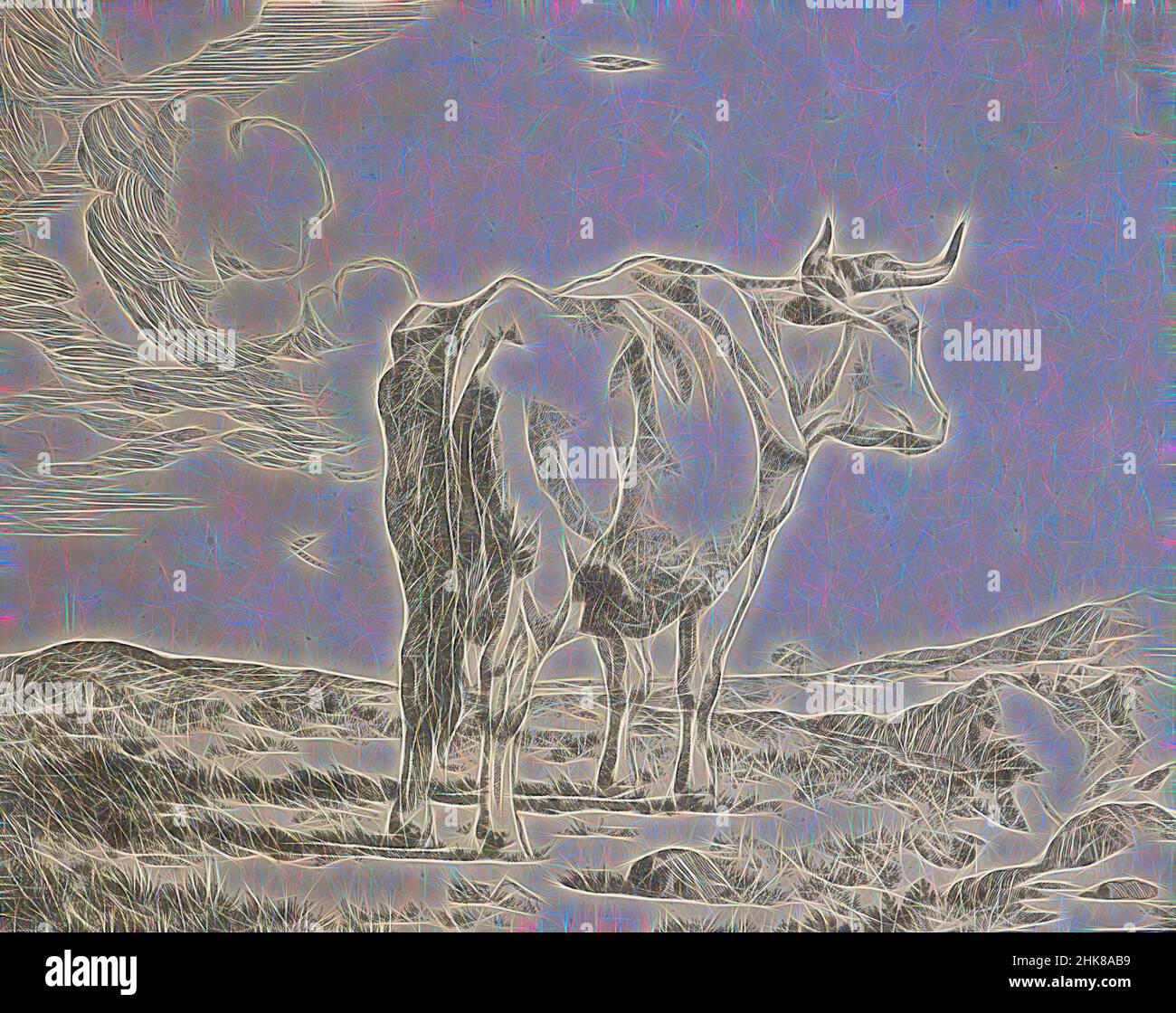 Inspiré par une autre série de vaches. Assiette 5 : une vache debout dans un paysage., Marcus de Bye, graveur, mi-17th siècle, pays-Bas, Gravure, le graveur néerlandais Marcus de Bye (également de Bije/ de Bie) est peu connu en ce qui concerne son talent et sa prolifération. Il est né à la Haye en 1639 et est mort, réimaginé par Artotop. L'art classique réinventé avec une touche moderne. Conception de lumière chaleureuse et gaie, de luminosité et de rayonnement de lumière. La photographie s'inspire du surréalisme et du futurisme, embrassant l'énergie dynamique de la technologie moderne, du mouvement, de la vitesse et révolutionne la culture Banque D'Images