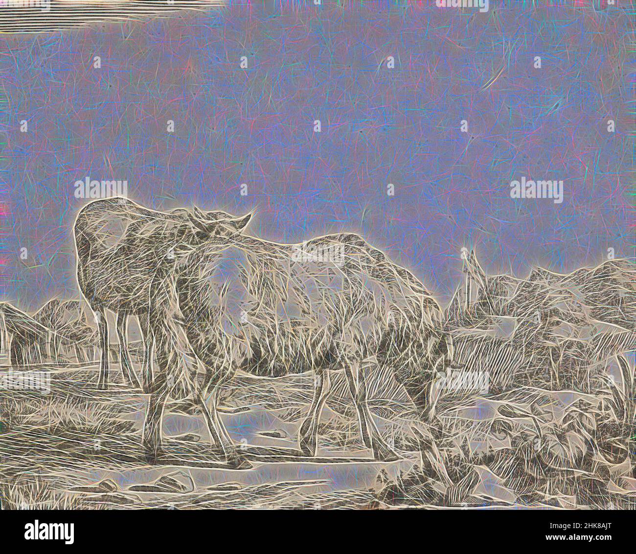 Inspiré par Sheep. Assiette 7: Deux moutons de pâturage., Marcus de Bye, artiste, vers 1664, pays-Bas, Gravure, le graveur néerlandais Marcus de Bye (également de Bije/ de Bie) est peu connu en ce qui concerne son talent et sa prolifération. Il est né à la Haye en 1639 et est mort après 1688. Il est devenu un élève de, réimaginé par Artotop. L'art classique réinventé avec une touche moderne. Conception de lumière chaleureuse et gaie, de luminosité et de rayonnement de lumière. La photographie s'inspire du surréalisme et du futurisme, embrassant l'énergie dynamique de la technologie moderne, du mouvement, de la vitesse et révolutionne la culture Banque D'Images