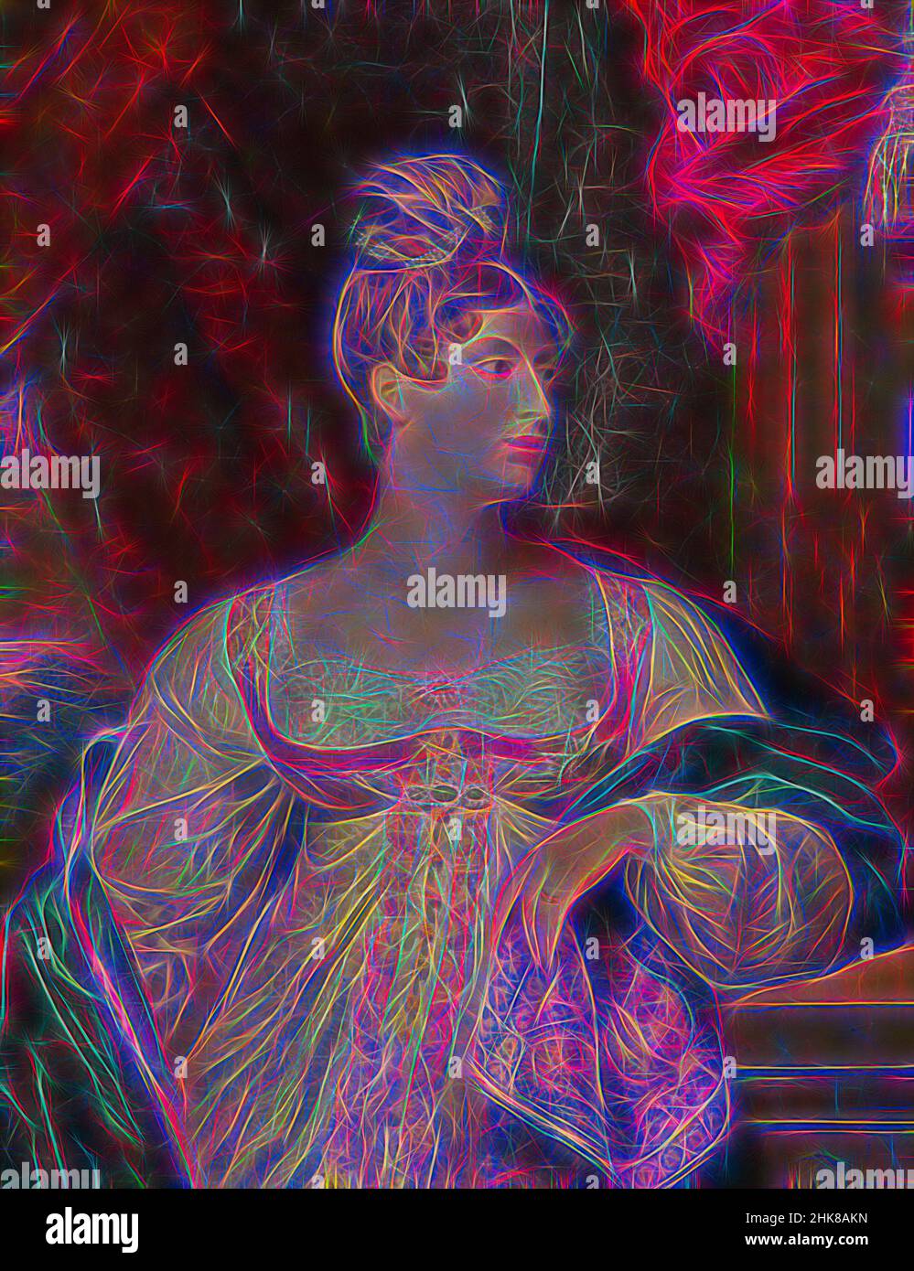 Inspiré par Portrait de la princesse Charlotte du pays de Galles, George Dawe, artiste, vers 1817, texte créé à l'origine pour l'exposition Turangawaewaae: Art et Nouvelle-Zélande à te Papa, mars 2018, réimaginé par Artotop. L'art classique réinventé avec une touche moderne. Conception de lumière chaleureuse et gaie, de luminosité et de rayonnement de lumière. La photographie s'inspire du surréalisme et du futurisme, embrassant l'énergie dynamique de la technologie moderne, du mouvement, de la vitesse et révolutionne la culture Banque D'Images