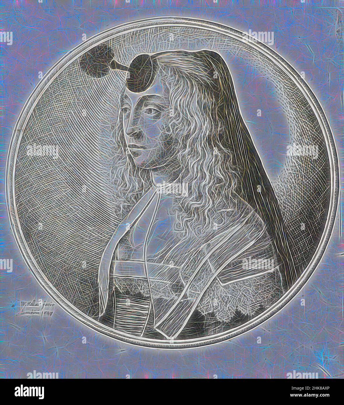 Inspiré par la tête de femme encadrée en cocarde, Venceslaus Hollar, artiste, 1643, Royaume-Uni, Gravure, ici, une femme porte une dentelle d'aiguille sur ses épaules, réimaginée par Artotop. L'art classique réinventé avec une touche moderne. Conception de lumière chaleureuse et gaie, de luminosité et de rayonnement de lumière. La photographie s'inspire du surréalisme et du futurisme, embrassant l'énergie dynamique de la technologie moderne, du mouvement, de la vitesse et révolutionne la culture Banque D'Images