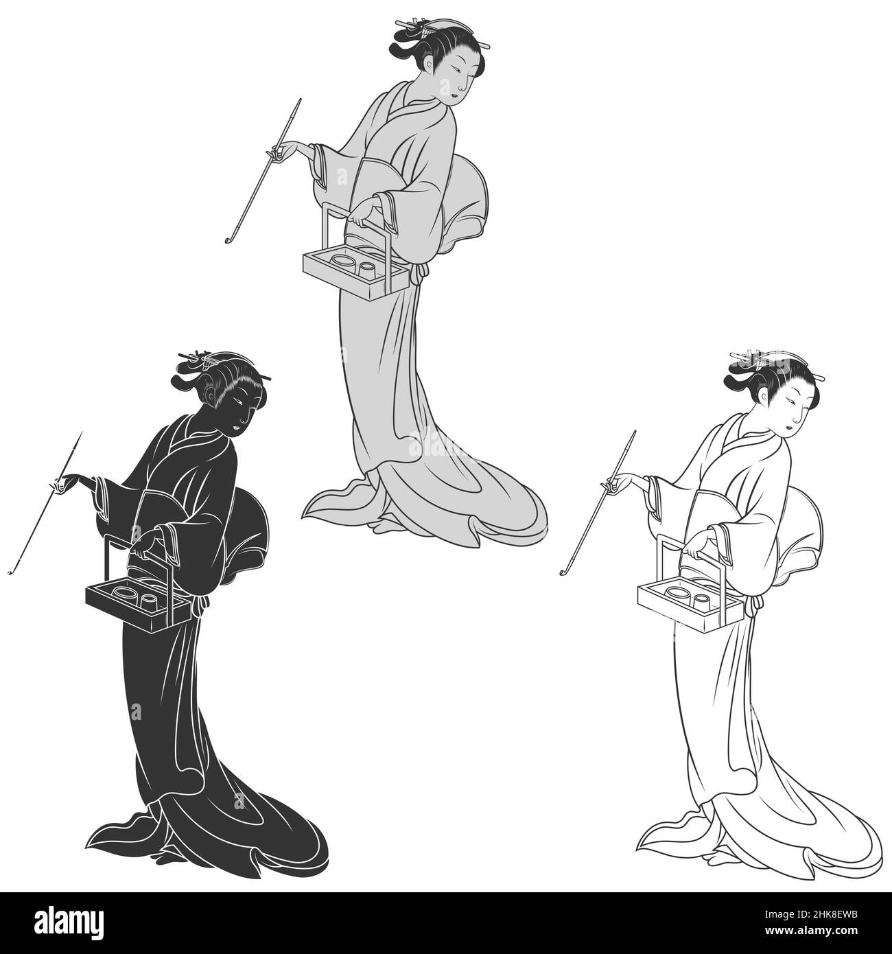 Femme japonaise portant un kimono, geisha dans le style traditionnel japonais robe Illustration de Vecteur