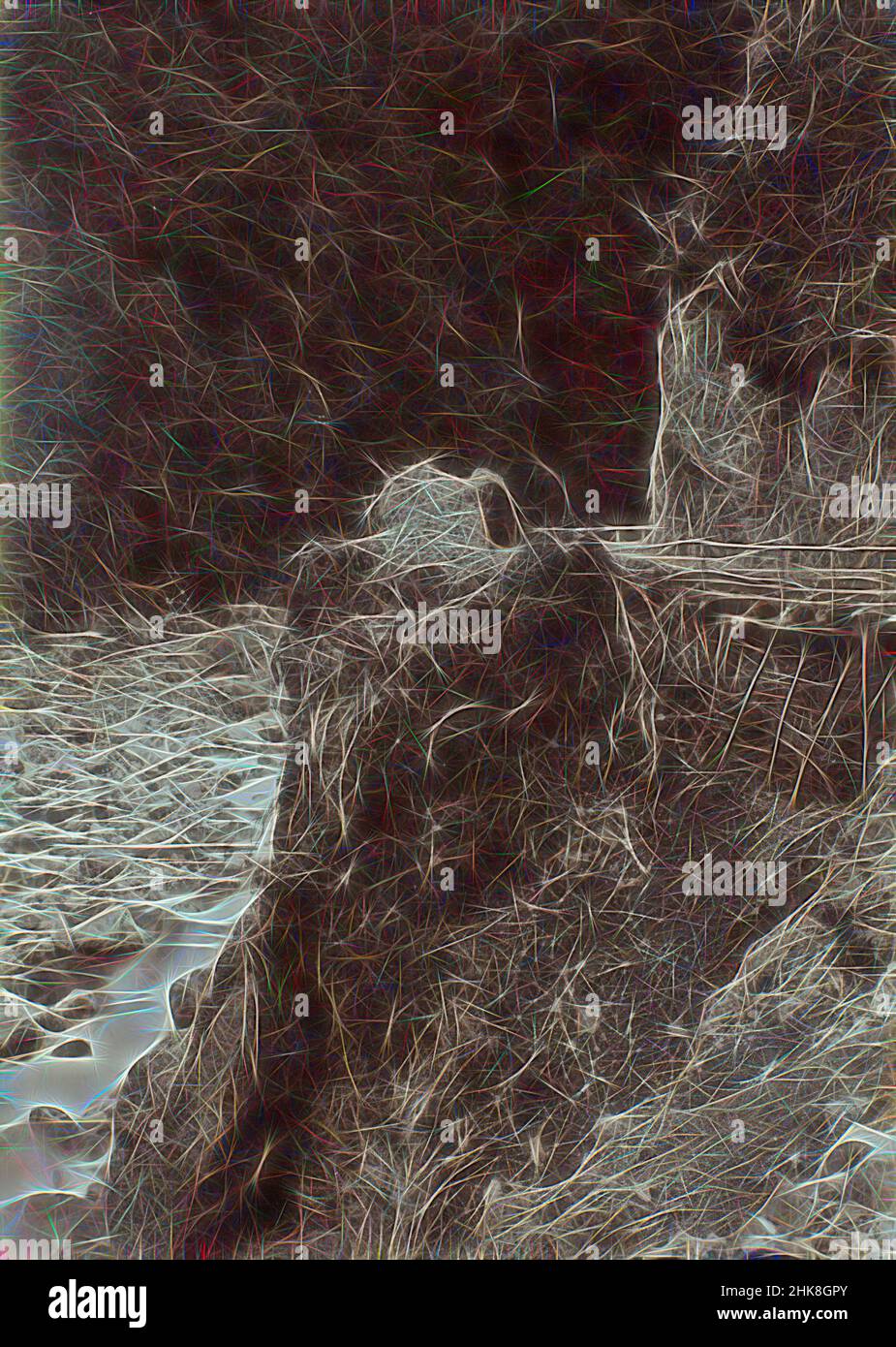 Inspiré par Otira gorge, West Coast Road, Burton Brothers studio, studio de photographie, Dunedin, Photographie en noir et blanc, vue en regardant vers le bas une section du paysage de la gorge d'Otira. Les eaux de la rivière peuvent être vues le long de la face gauche de l'image, et une route bâtie peut être vue sur la face droite, réimaginé par Artotop. L'art classique réinventé avec une touche moderne. Conception de lumière chaleureuse et gaie, de luminosité et de rayonnement de lumière. La photographie s'inspire du surréalisme et du futurisme, embrassant l'énergie dynamique de la technologie moderne, du mouvement, de la vitesse et révolutionne la culture Banque D'Images