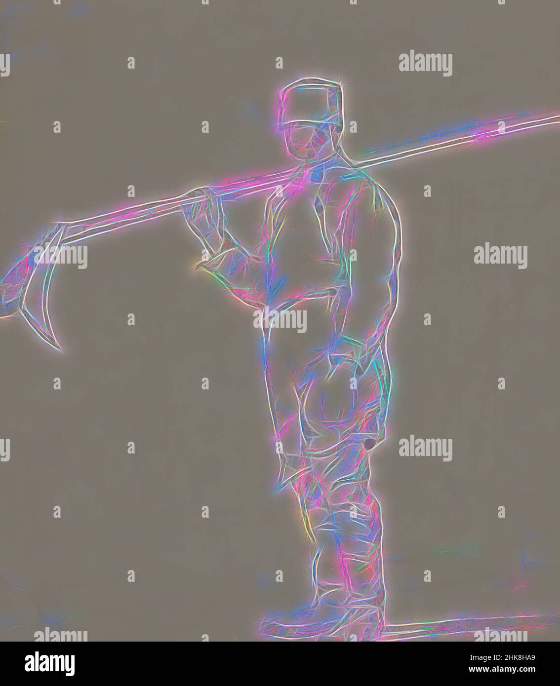 Inspiré par l'homme porte des bottes hautes et peut avoir une scythe sur l'épaule droite. Homme avec un outil agricole, réimaginé par Artotop. L'art classique réinventé avec une touche moderne. Conception de lumière chaleureuse et gaie, de luminosité et de rayonnement de lumière. La photographie s'inspire du surréalisme et du futurisme, embrassant l'énergie dynamique de la technologie moderne, du mouvement, de la vitesse et révolutionne la culture Banque D'Images