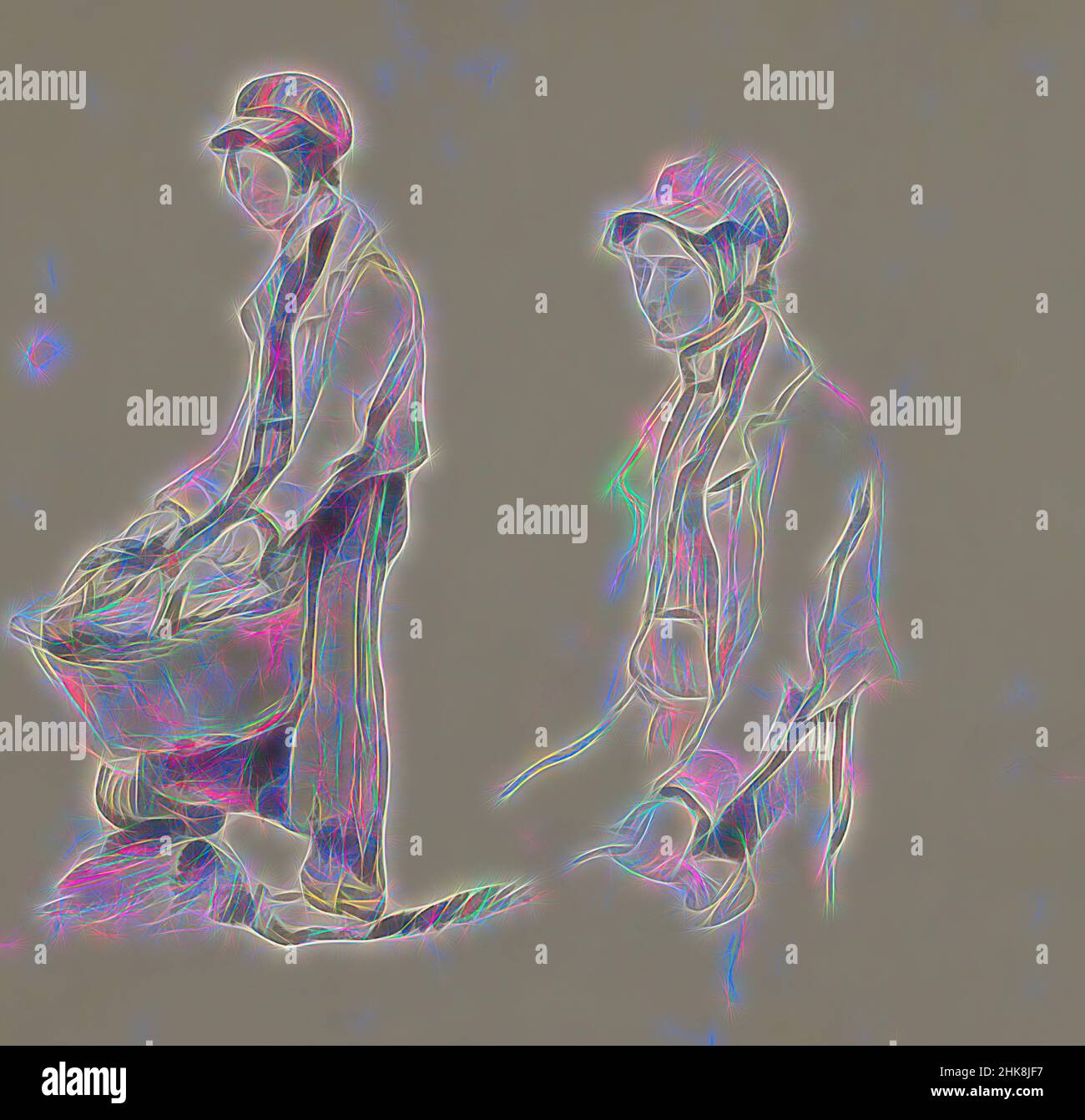 Inspiré par un petit garçon paysan avec panier et cloches violettes, Cleves, réimaginé par Artotop. L'art classique réinventé avec une touche moderne. Conception de lumière chaleureuse et gaie, de luminosité et de rayonnement de lumière. La photographie s'inspire du surréalisme et du futurisme, embrassant l'énergie dynamique de la technologie moderne, du mouvement, de la vitesse et révolutionne la culture Banque D'Images