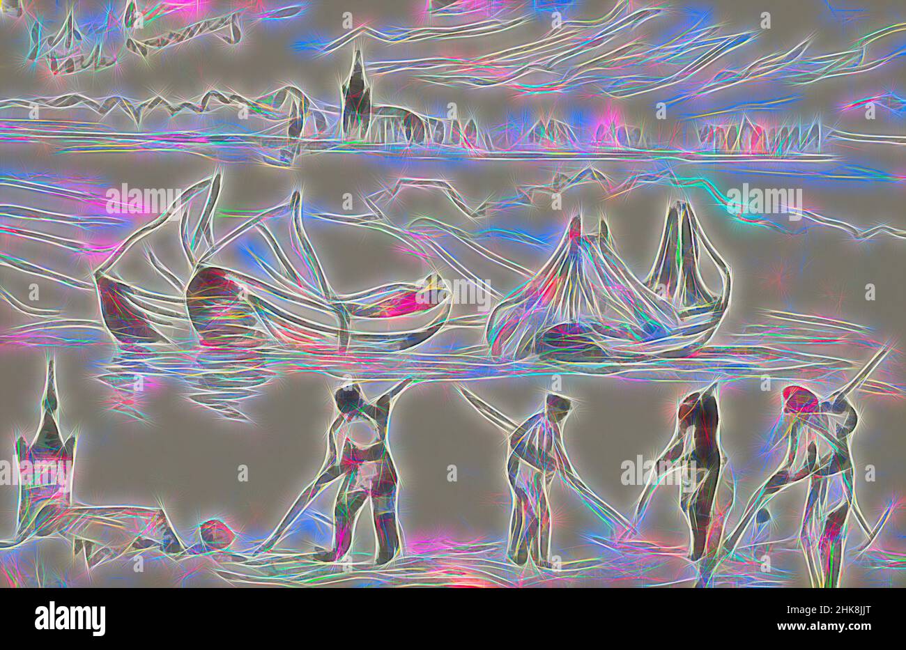 Inspiré par le paysage avec la tour de l'église, les bateaux à rames et les hommes fauchant le foin, repensé par Artotop. L'art classique réinventé avec une touche moderne. Conception de lumière chaleureuse et gaie, de luminosité et de rayonnement de lumière. La photographie s'inspire du surréalisme et du futurisme, embrassant l'énergie dynamique de la technologie moderne, du mouvement, de la vitesse et révolutionne la culture Banque D'Images